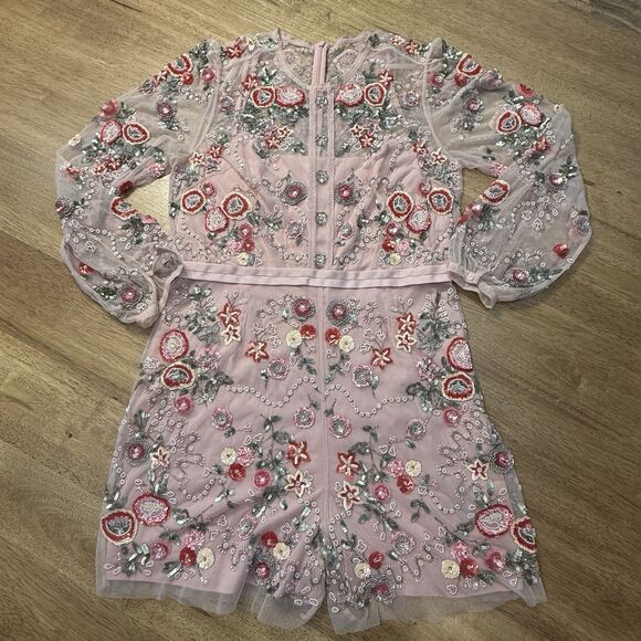 Needle & Thread Meadow Embellished Tulle Playsuit Floral Pink Beaded Romper Sz 6 - Picture 16 of 16